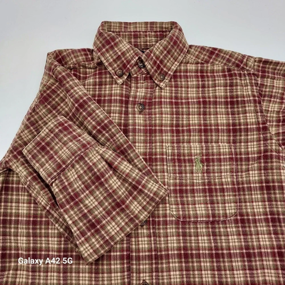 Ralph Lauren Boys Size 5 Plaid Button Down Shirt Burgundy Tan Green Cotton